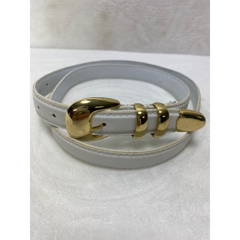 VTG Womens‎ White Leather Skinny Dressy Belt Gold Tone Buckle Metal Tip 37 Inch